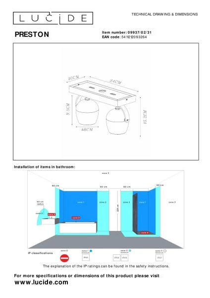 Lucide PRESTON - Spot plafond Salle de bains - 2xGU10 - IP44 - Blanc - technique